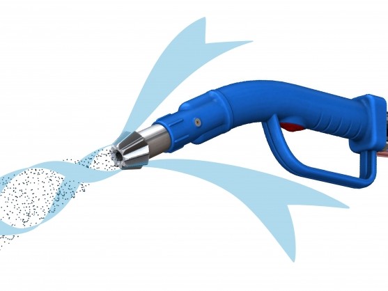 Zeichnung der Aerosonic-Düse mit dem Wirbel aus Luft und Strahlmittel