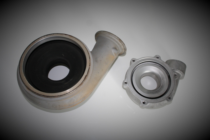 Pump housing, dirty on the left and wet blasted on the right