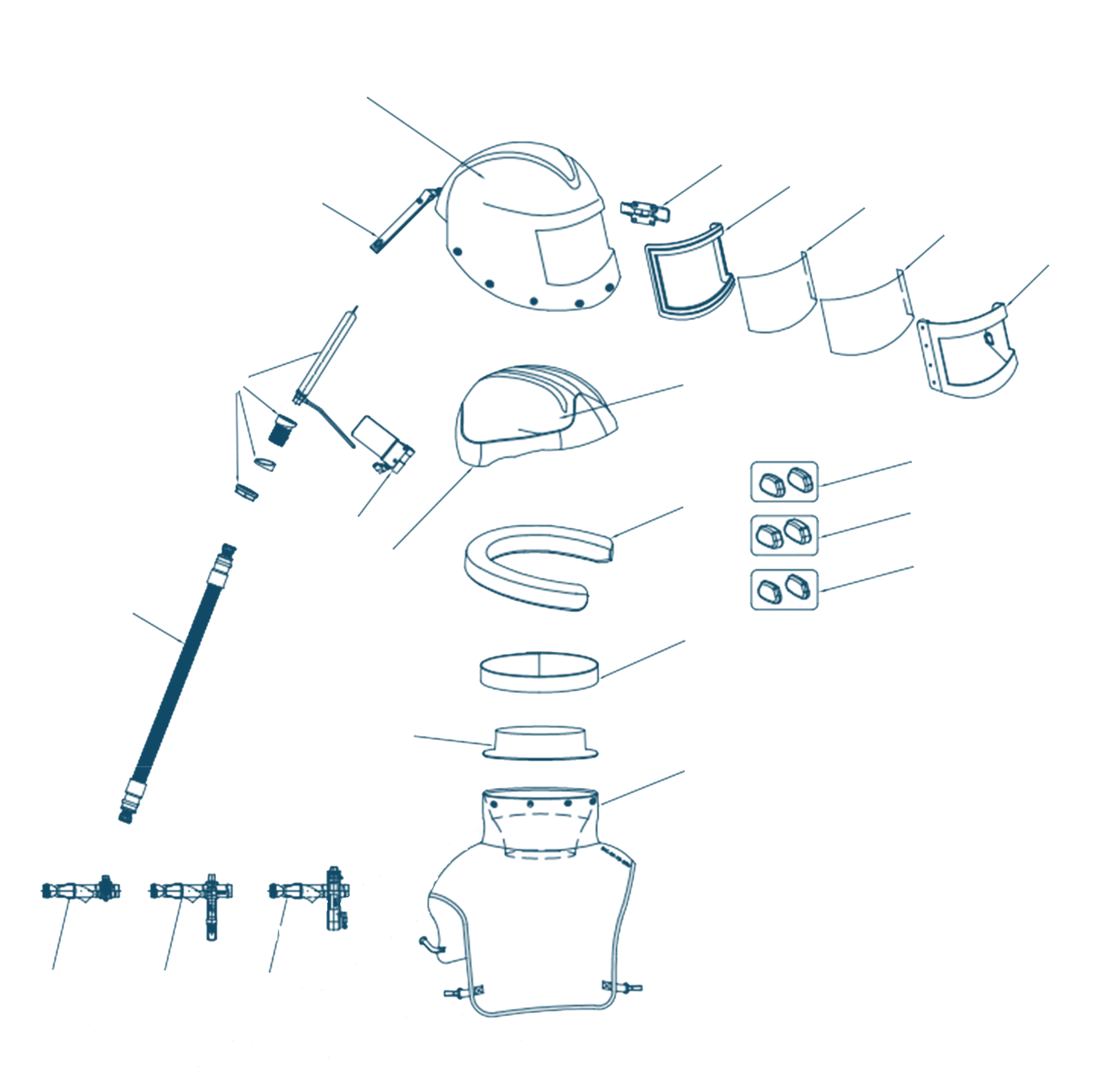 Exploded view of blast helmet Phibo PH-P with the part numbers