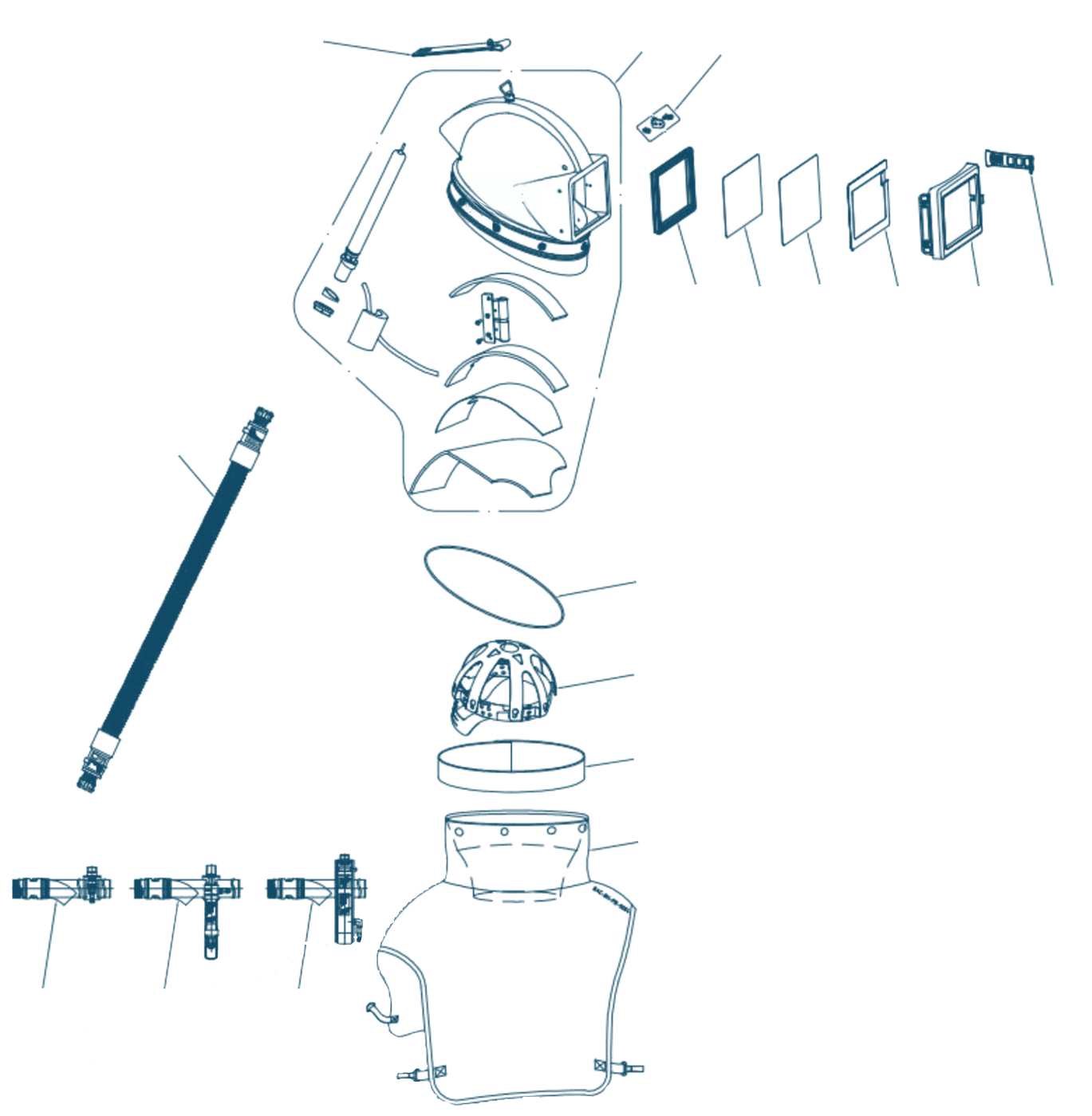 Exploded view of blast helmet Phibo PH-R with the part numbers
