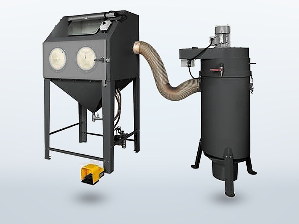 Phibo ECO entry-level blast cabinet with its cartridge filter beside it