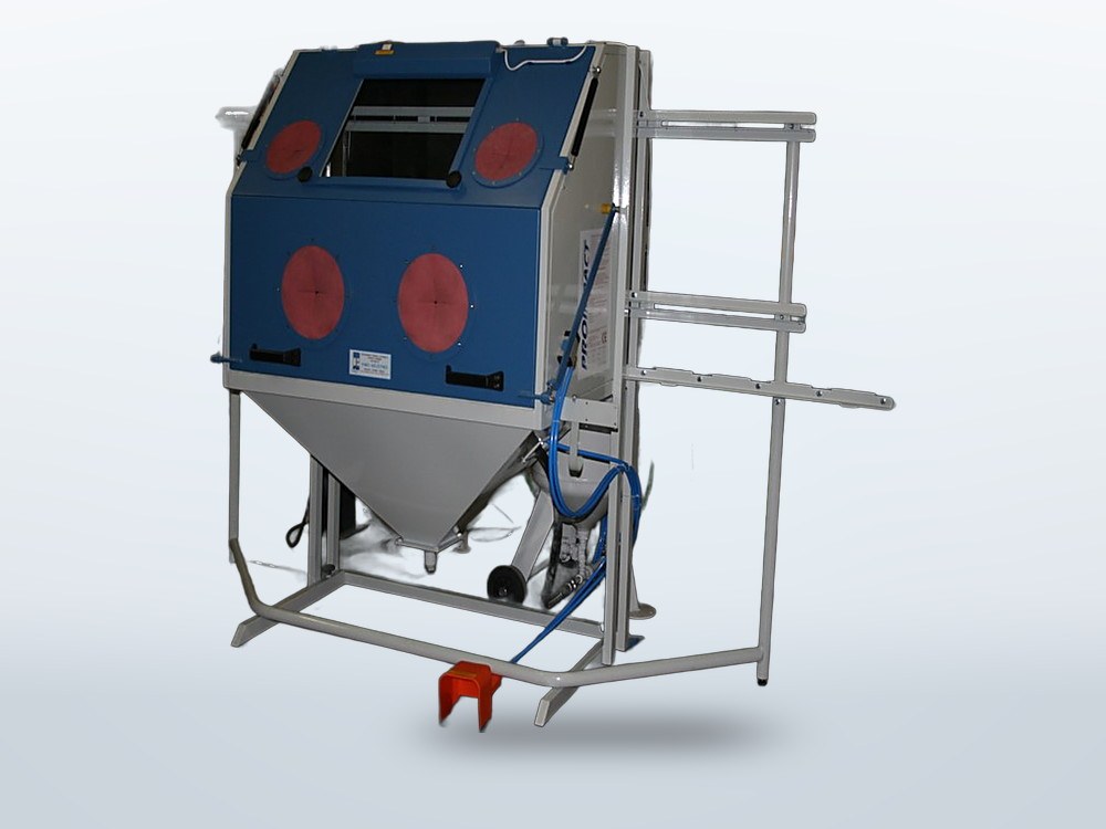 Blast cabinet from the PRO-impact line, with the hood raised and two glove openings