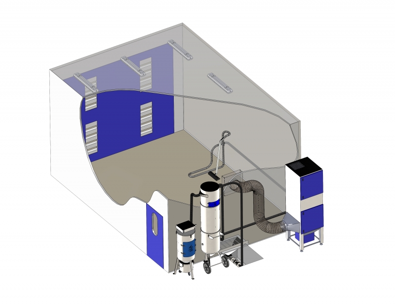 Schéma d'une salle de sablage avec transport pneumatique, cyclone et cuve