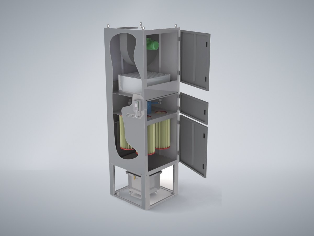 Cutaway drawing of a dust extraction unit with fan, filter cartridges and dust container