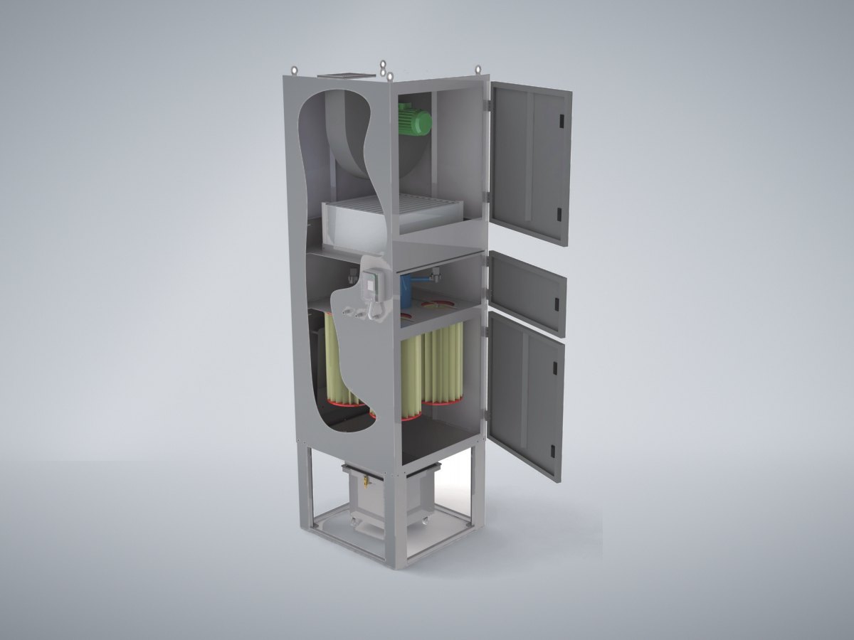 Opengewerkte tekening van een ontstoffingsinstallatie met ventilator, filterpatronen en stofopvang